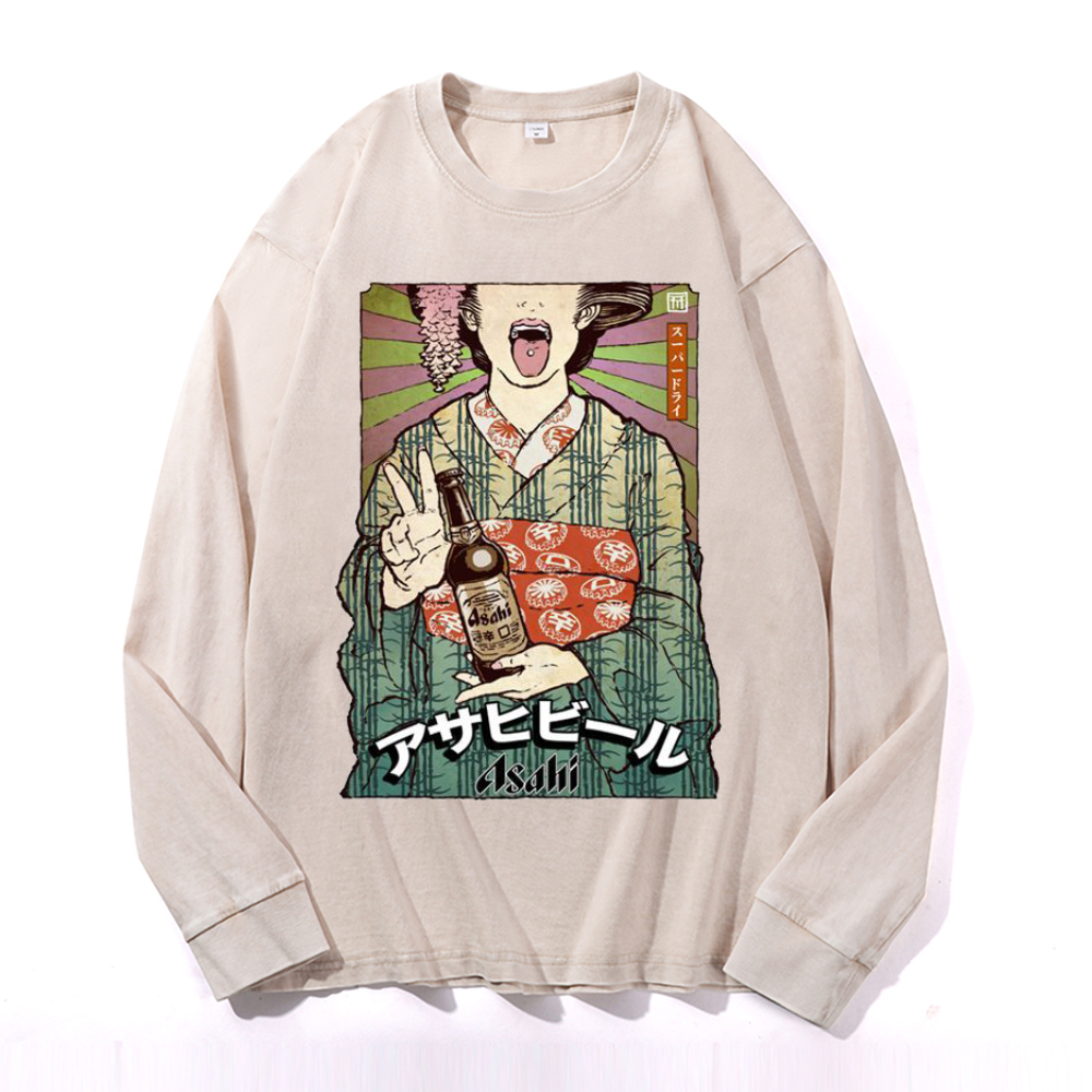 Asahi Breweries Vintage Cotton Wash Crewneck Long-Sleeve T-Shirt