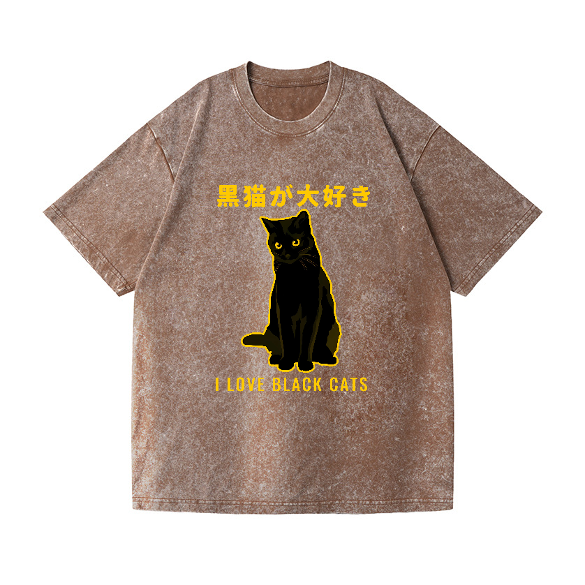 Black Cat Vintage Wash Japanese Design T-Shirt