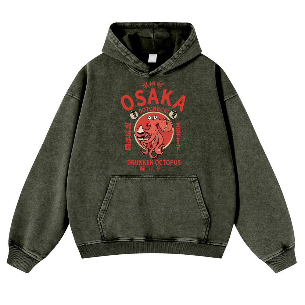 Osaka Dotonbori Drunken Octopus Vintage Washed Thick Cotton Hoodie