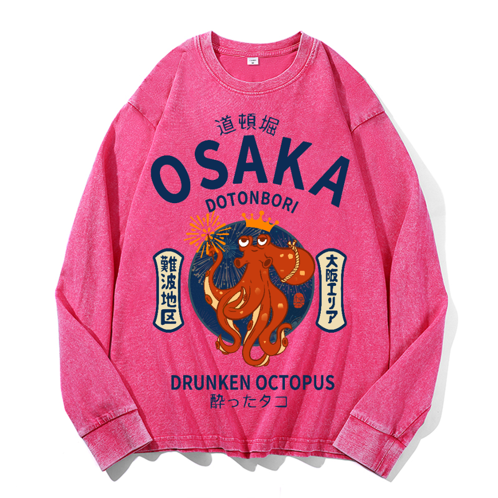 Osaka Dotonbori Drunken Octopus Vintage Cotton Wash Crewneck Long-Sleeve T-Shirt