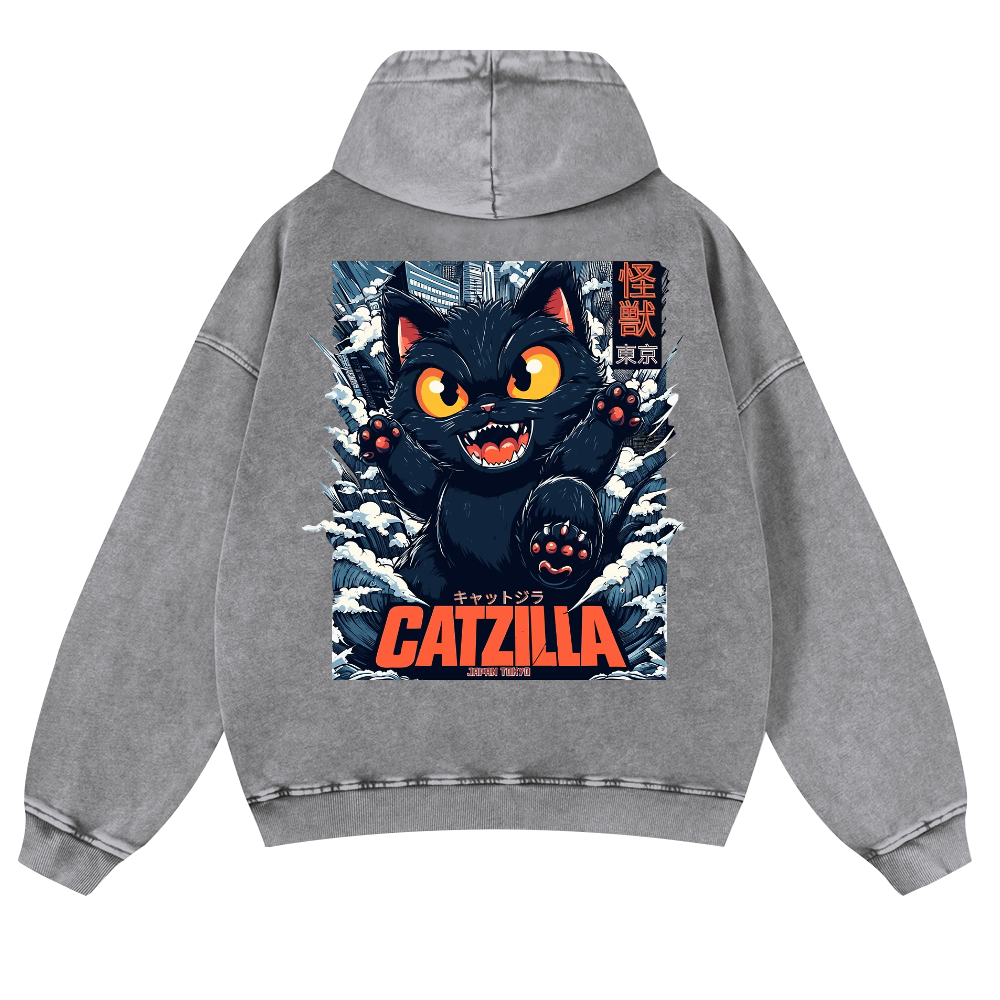 Catzilla Cat Kaiju Vintage Washed Cotton Back Art Hoodie