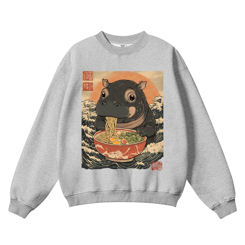 Hippo Ramen Vintage Cotton Blend Crewneck Sweatshirt