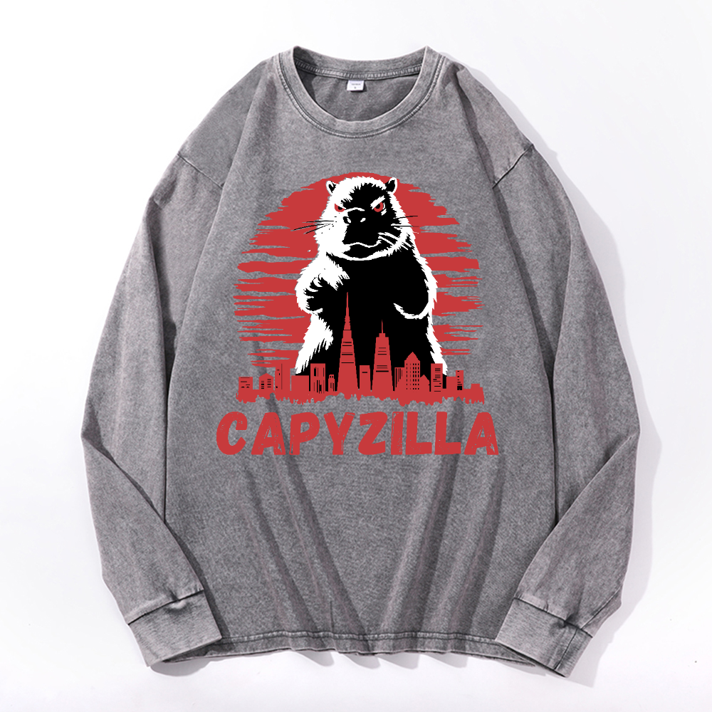 Capybara Kaiju Capyzilla Vintage Cotton Wash Crewneck Long-Sleeve T-Shirt