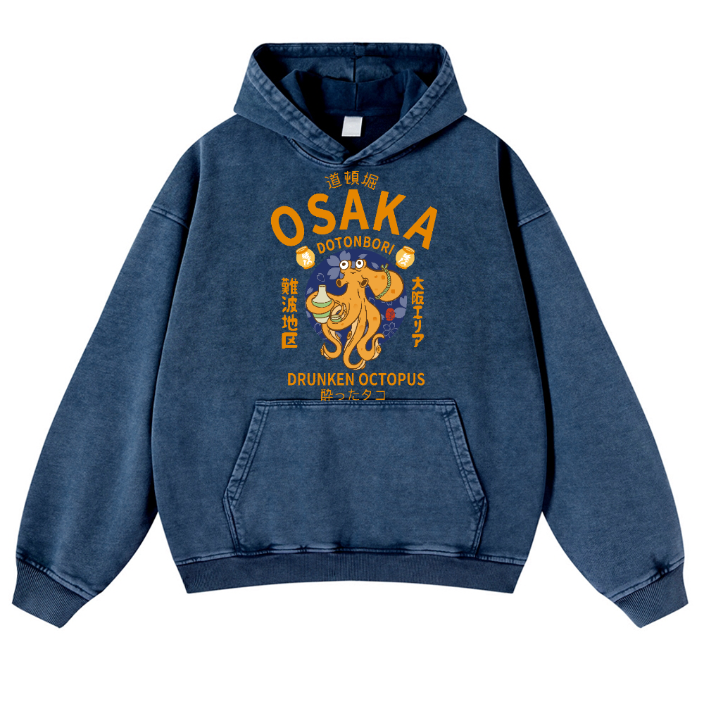 Osaka Dotonbori Drunken Octopus Vintage Washed Thick Cotton Hoodie