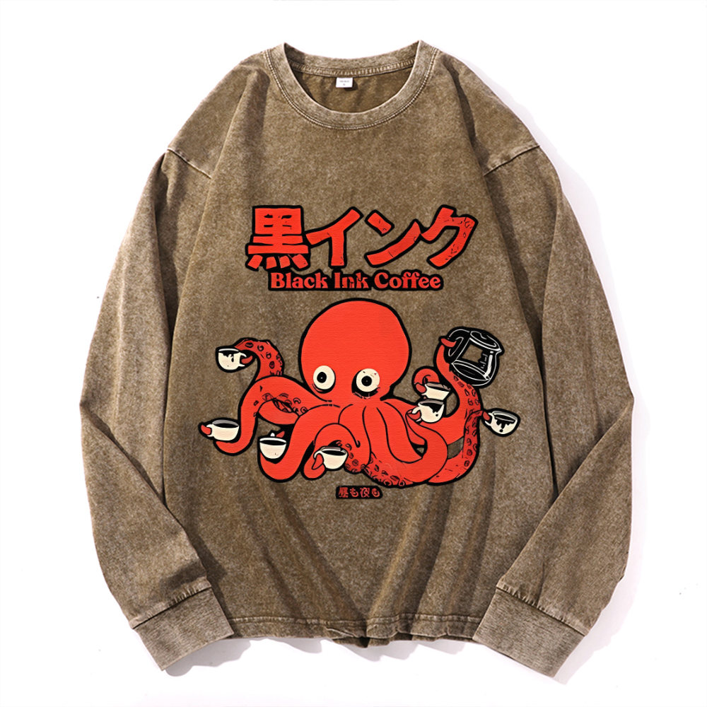 Octopus Coffee Vintage Cotton Wash Crewneck Long-Sleeve T-Shirt