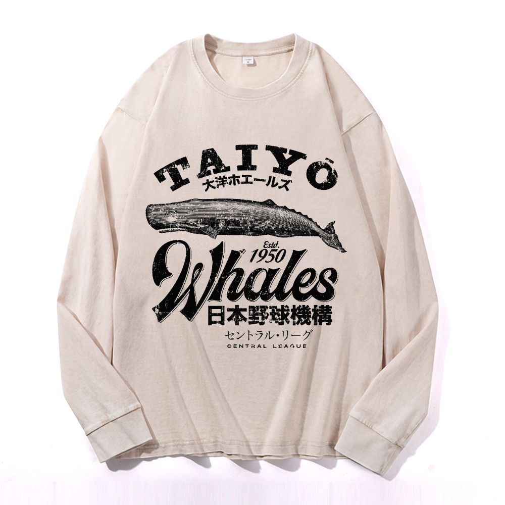 Taiyo Whales Vintage Cotton Wash Crewneck Long-Sleeve T-Shirt