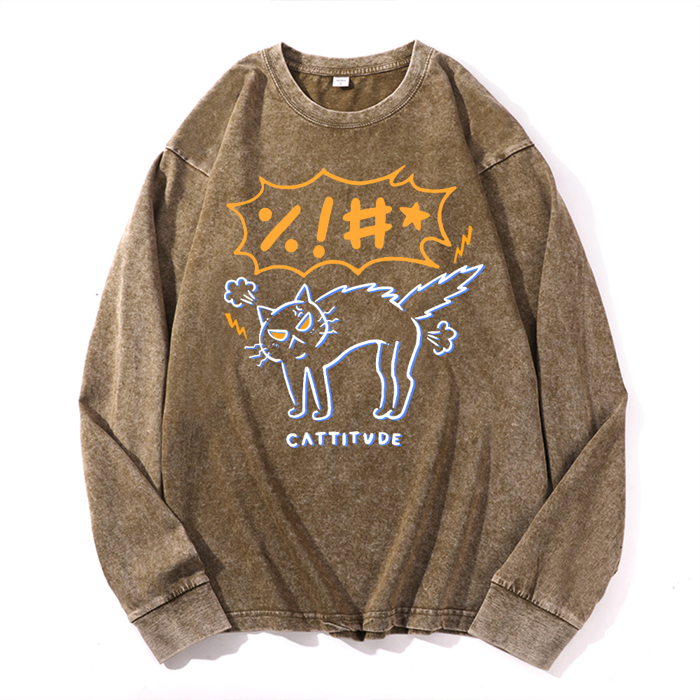 Cat Cattitude Vintage Cotton Wash Crewneck Long-Sleeve T-Shirt