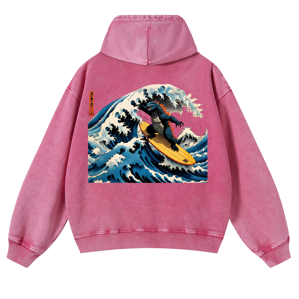 Kaiju Ukiyoe Wave Vintage Washed Cotton Back Art Hoodie