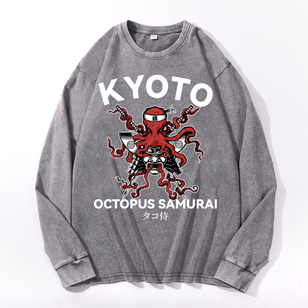 Kyoto Octopus Samurai Vintage Cotton Wash Long-sleeve T-shirt
