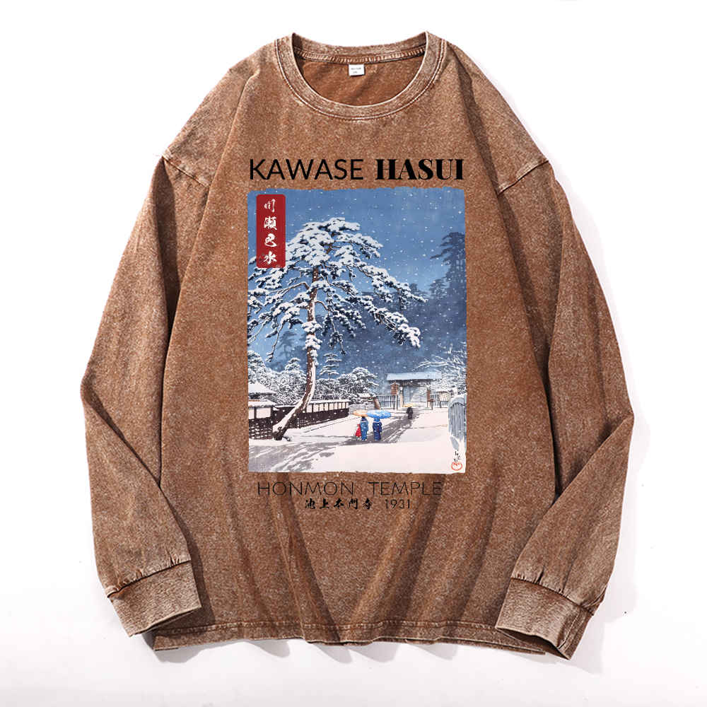 Honmon Temple Vintage Cotton Wash Crewneck Long-Sleeve T-Shirt