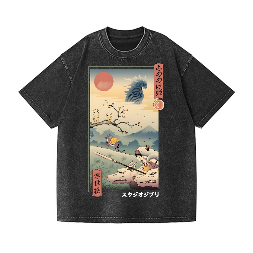 Ghibli Princess Mononoke Anime Ukiyoe Vintage Wash Japanese Design T-Shirt