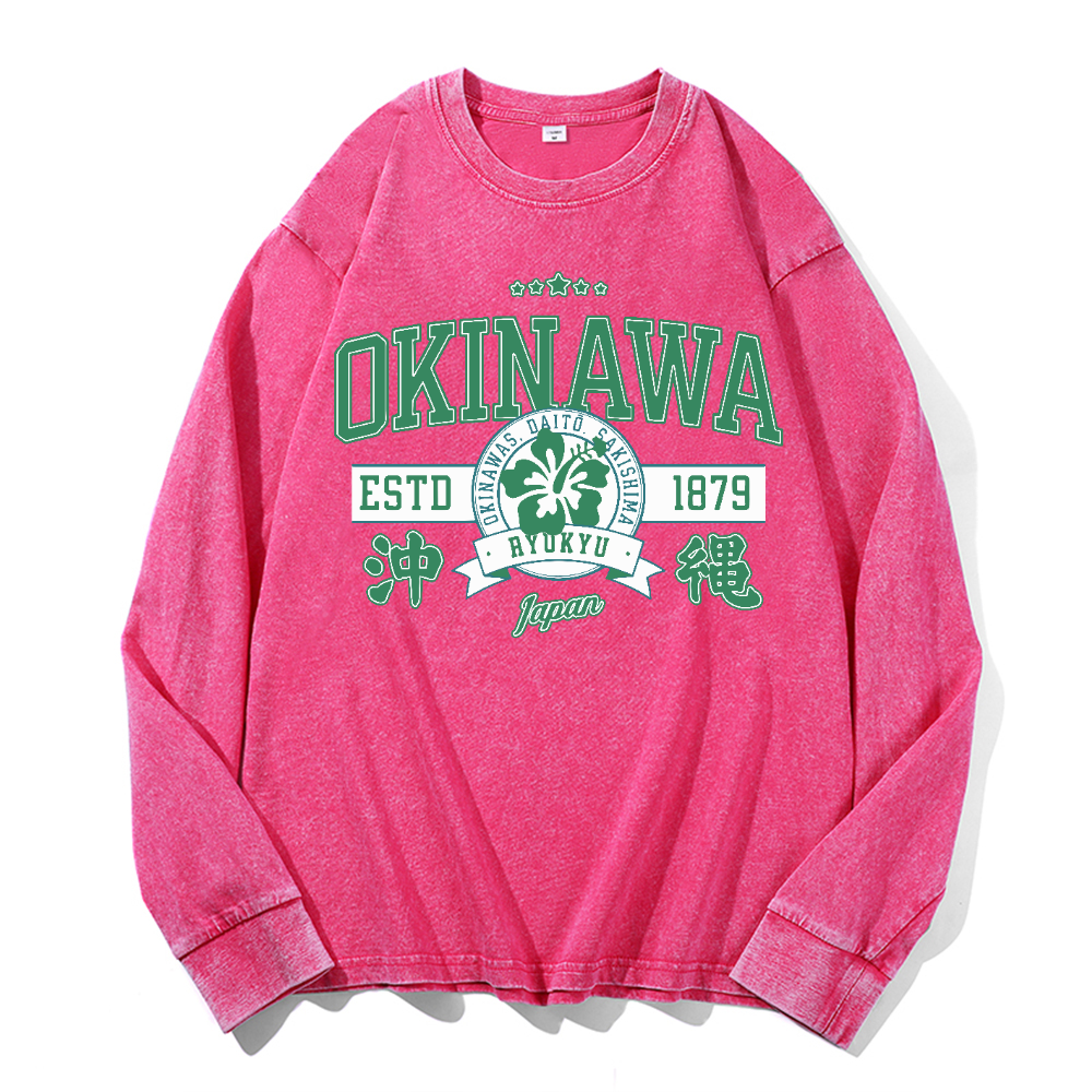 Okinawa Daito Sakishima Ryukyu Vintage Cotton Wash Crewneck Long-Sleeve T-Shirt