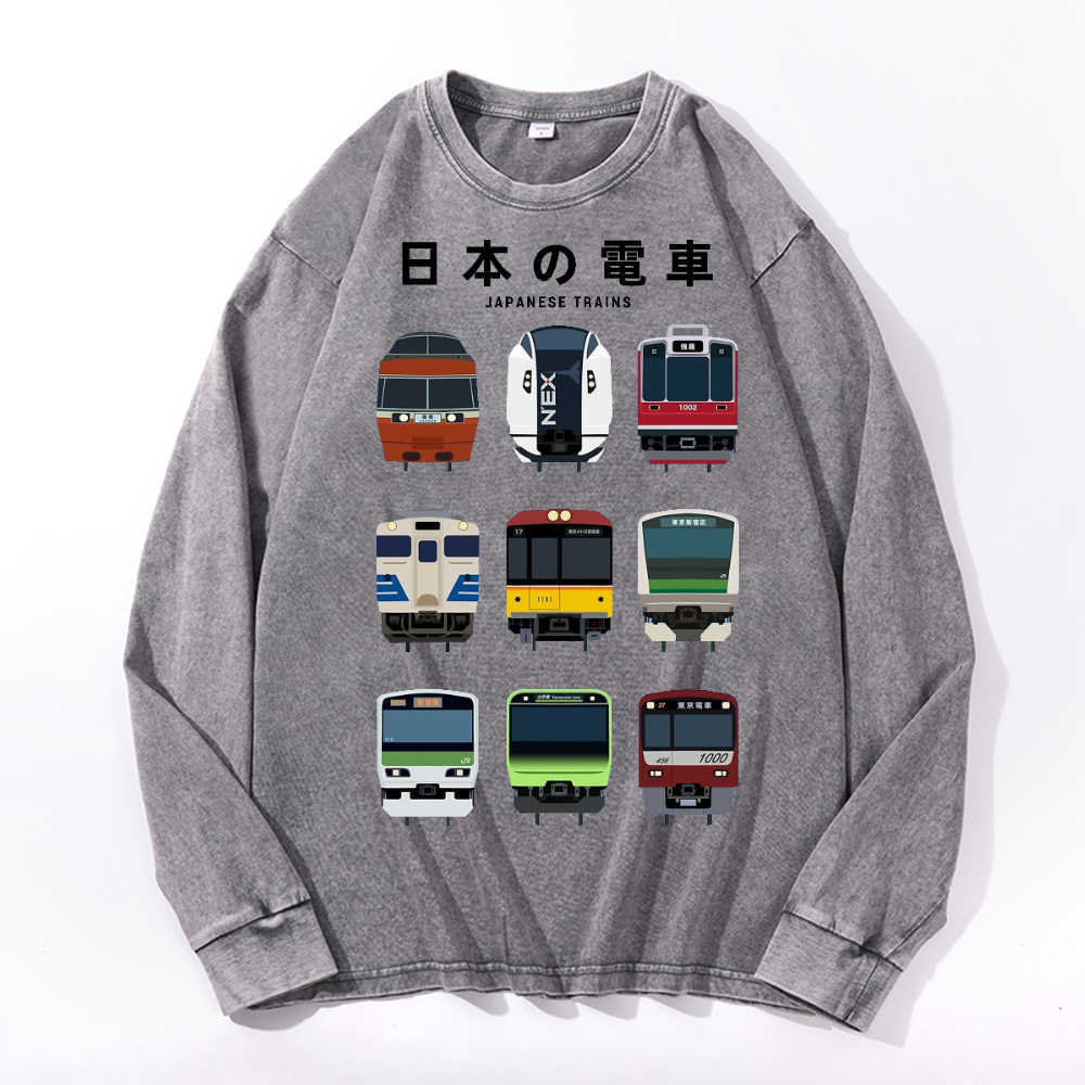Trains Vintage Cotton Wash Crewneck Long-Sleeve T-Shirt