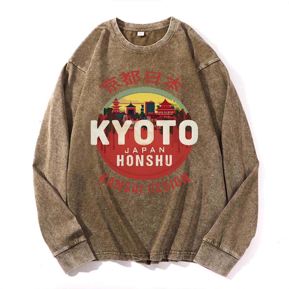 Kyoto Japan Honshu Kansai Region Vintage Cotton Wash Crewneck Long-Sleeve T-Shirt