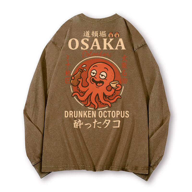 Osaka Dotonbori Drunken Octopus Vintage Washed Cotton Back Art Long-sleeve T-shirt