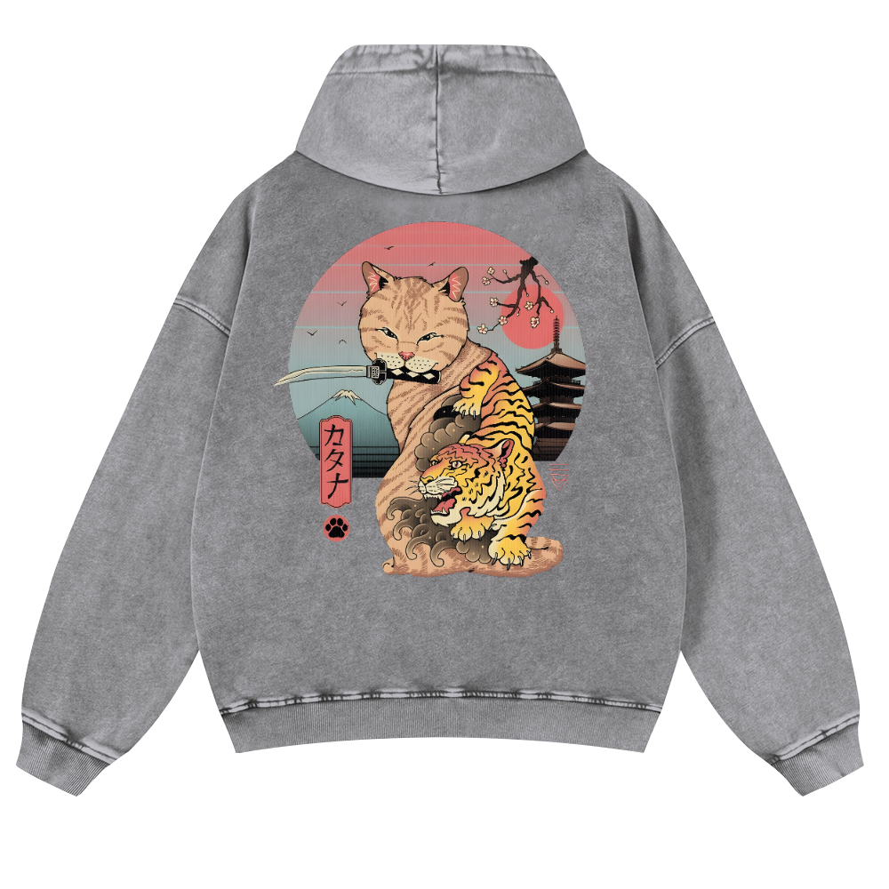 Japanese Cat Tiger Vintage Washed Cotton Back Art Hoodie