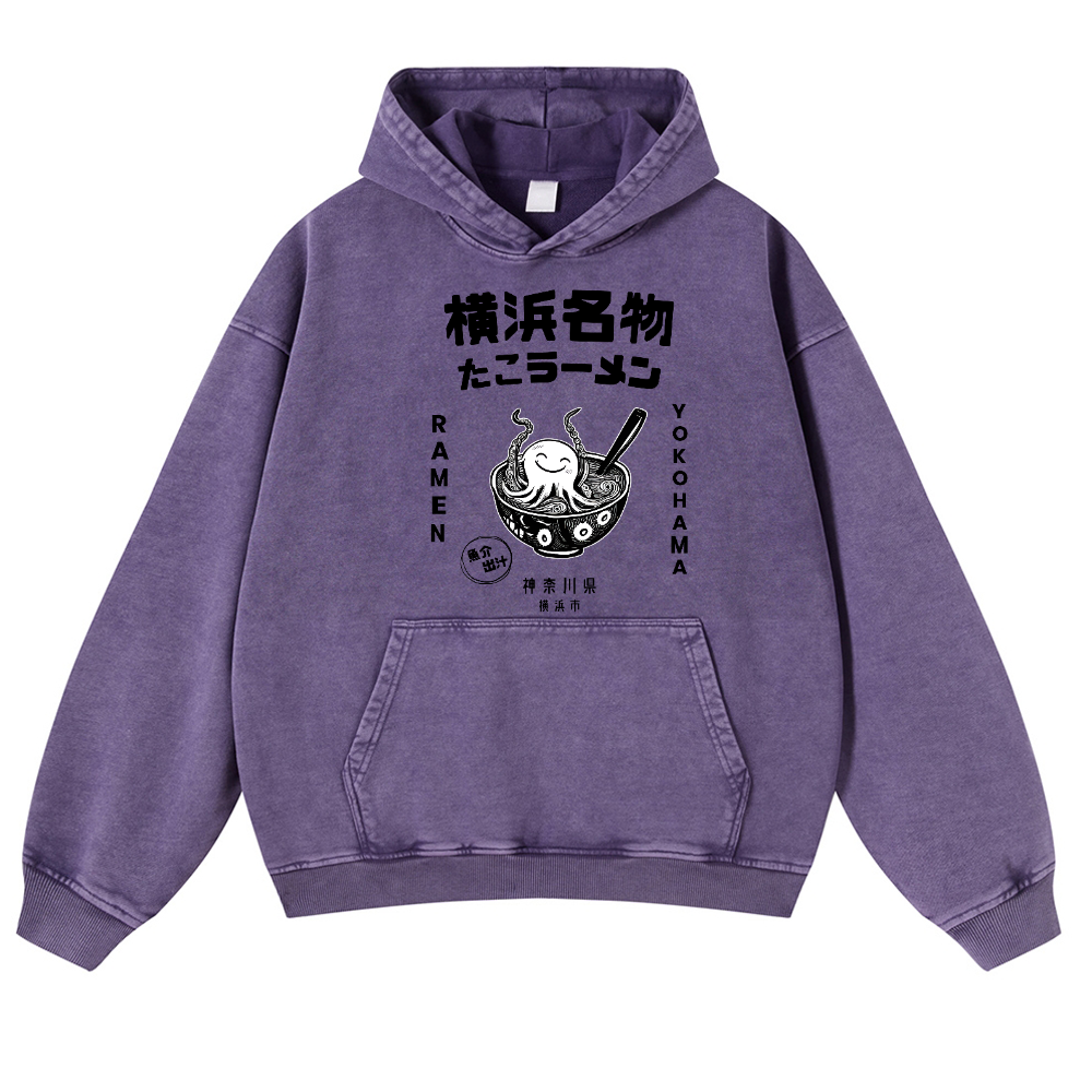 Yokohama Ramen Octopus Vintage Washed Thick Cotton Hoodie