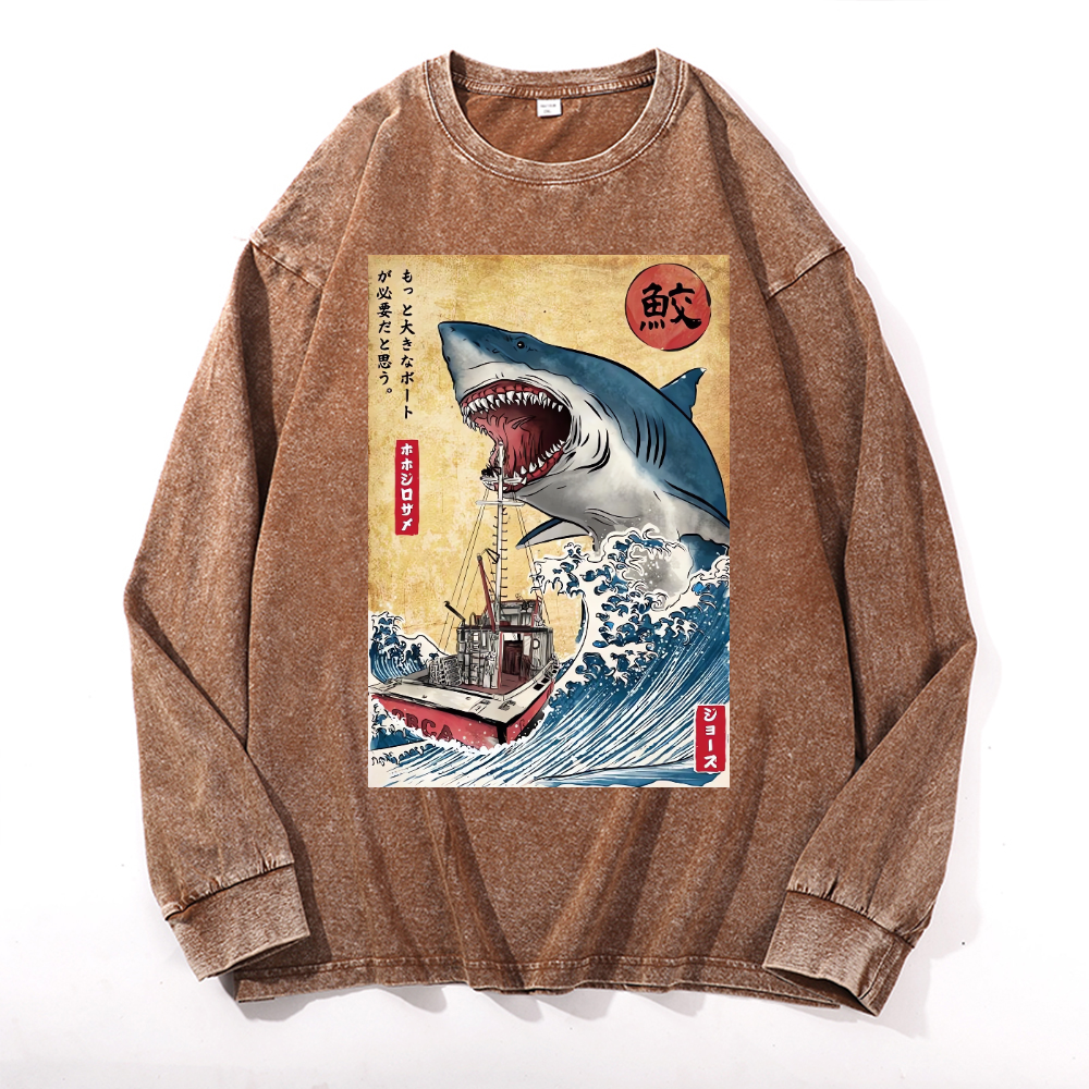 Shark Ukiyoe Vintage Cotton Wash Crewneck Long-Sleeve T-Shirt