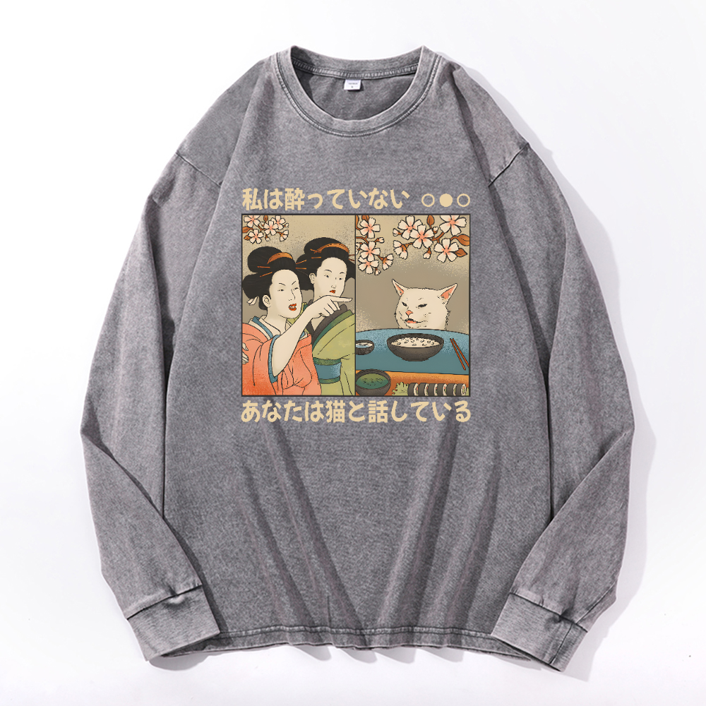 Woman Yelling at a Cat Vintage Cotton Wash Crewneck Long-Sleeve T-Shirt