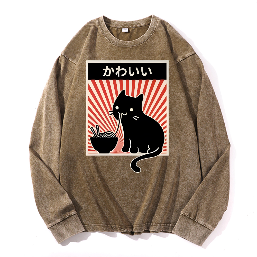 Cat Vintage Cotton Wash Crewneck Long-Sleeve T-Shirt