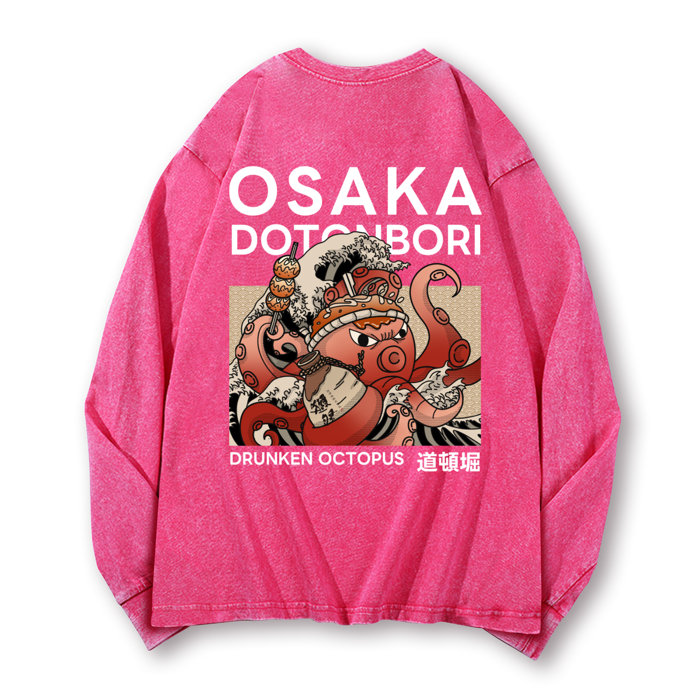 Osaka Dotonbori Drunken Octopus Vintage Washed Cotton Back Art Long-sleeve T-shirt