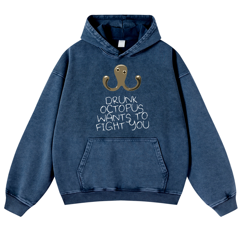 Drunken Octopus Vintage Washed Thick Cotton Hoodie