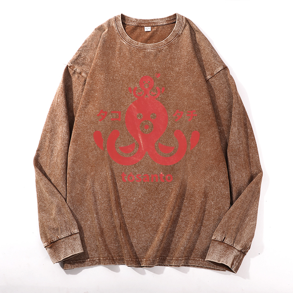 Tosanto Octopus Vintage Cotton Wash Crewneck Long-Sleeve T-Shirt