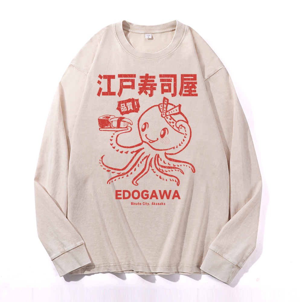 Edogawa Octopus Vintage Cotton Wash Crewneck Long-Sleeve T-Shirt