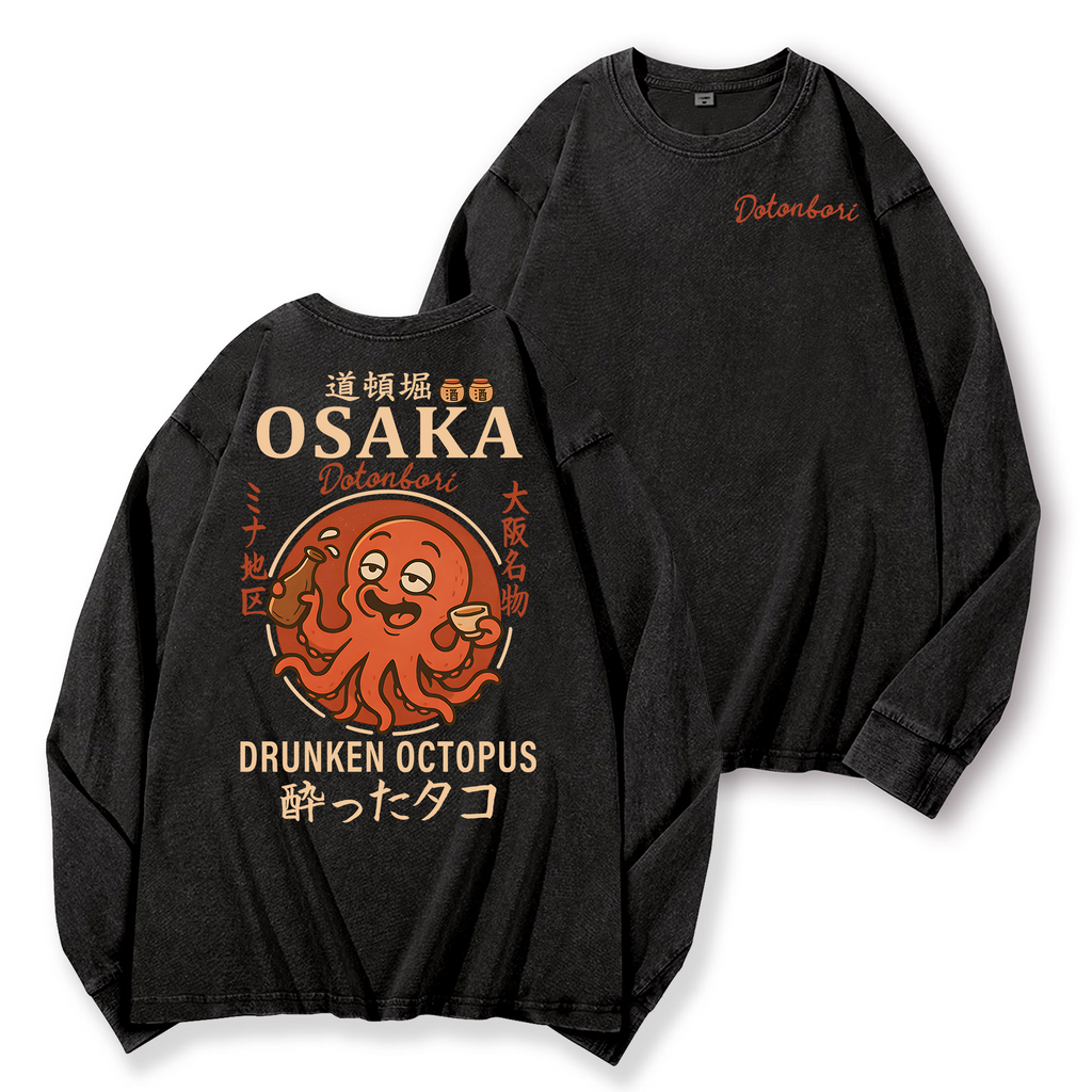 Osaka Dotonbori Drunken Octopus Vintage Washed Cotton Back Art Long-sleeve T-shirt