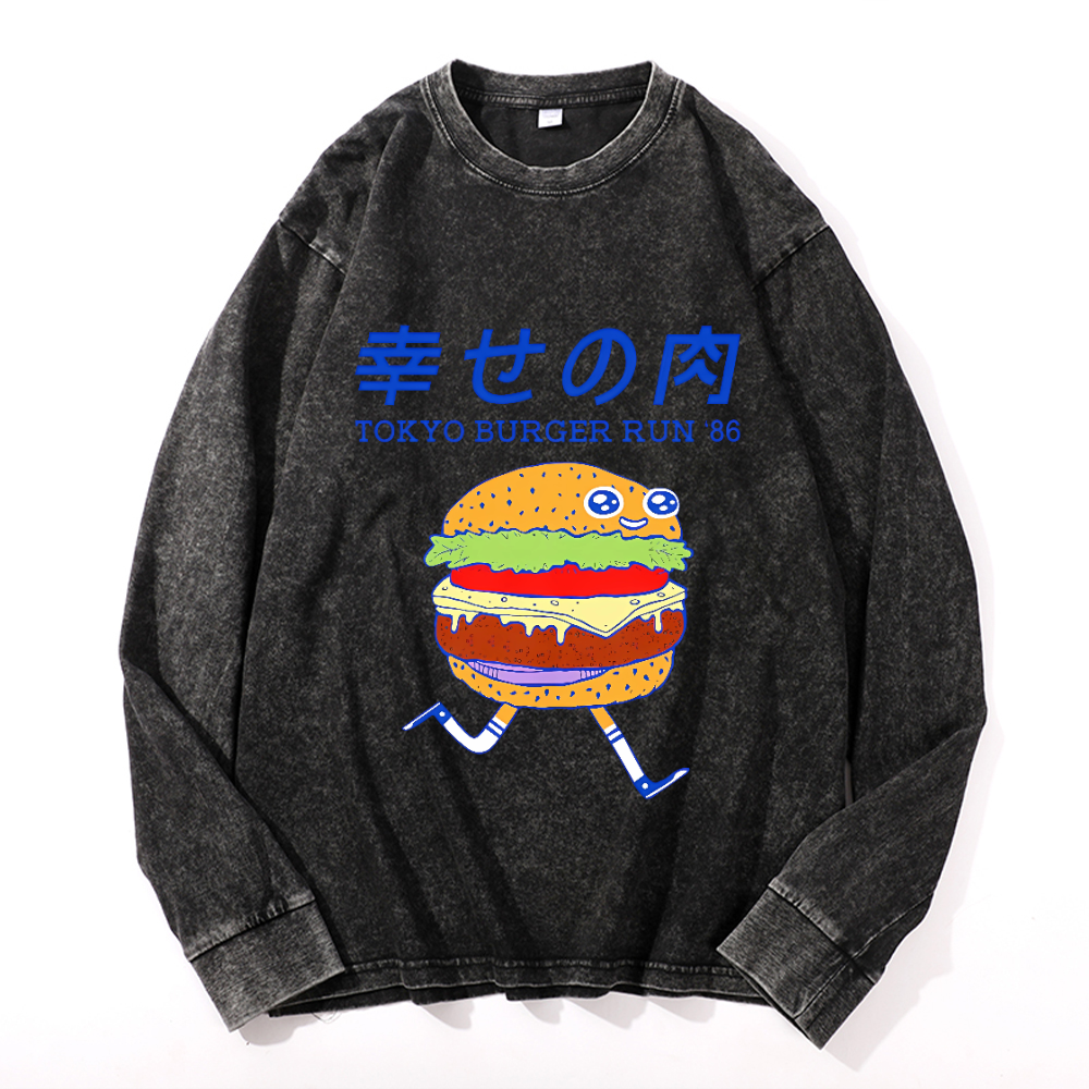 Tokyo Burger Run 86 Vintage Cotton Wash Crewneck Long-Sleeve T-Shirt