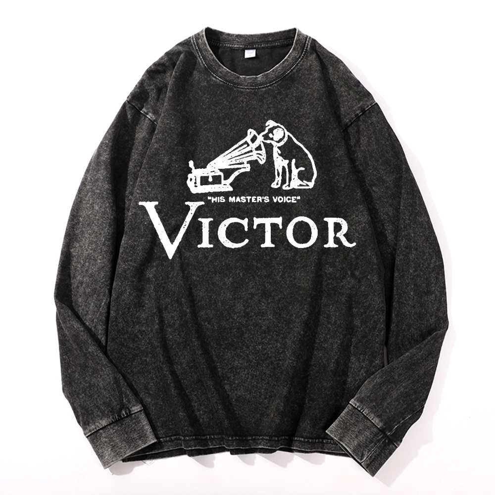 JVC Victor Dog Vintage Cotton Wash Crewneck Long-Sleeve T-Shirt