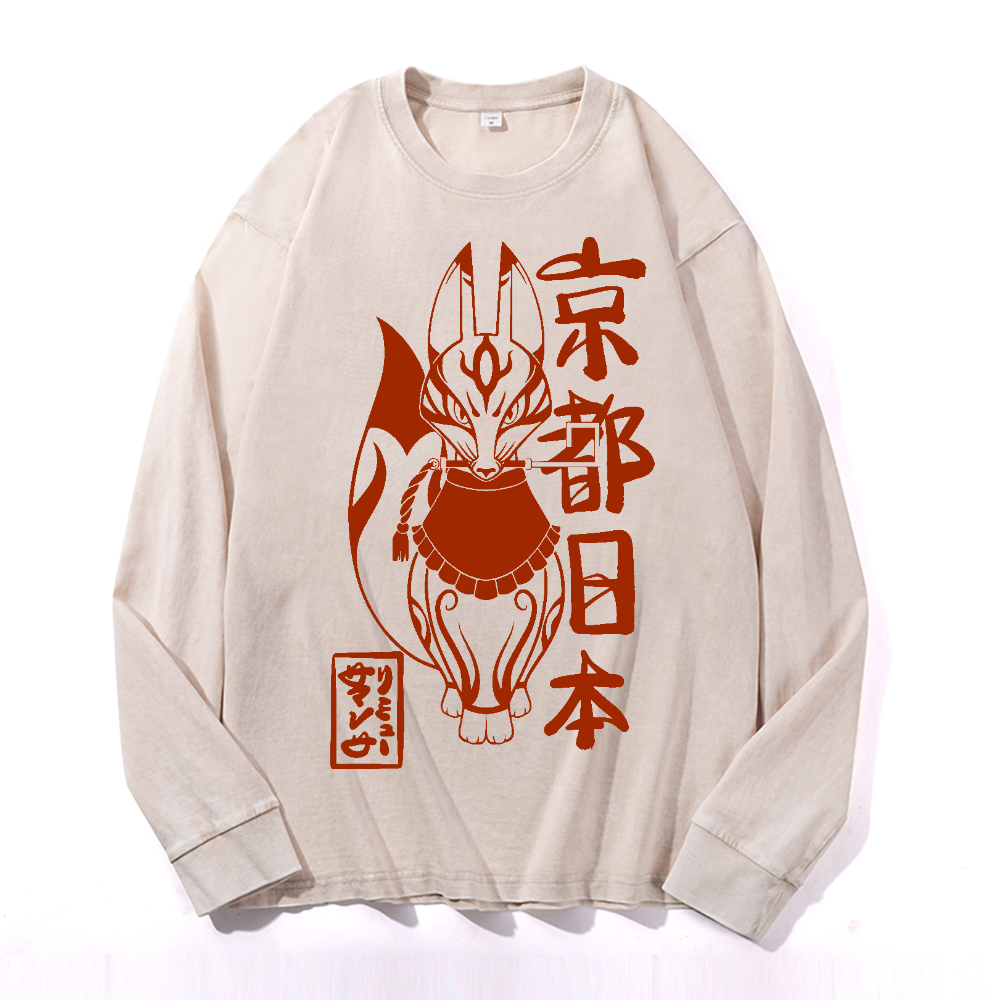 Kyoto Kitsune Vintage Cotton Wash Crewneck Long-Sleeve T-Shirt