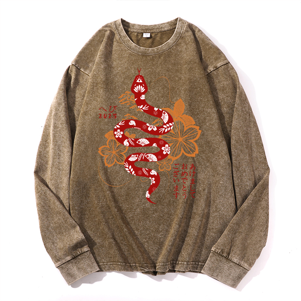 New Year Vintage Cotton Wash Crewneck Long-Sleeve T-Shirt