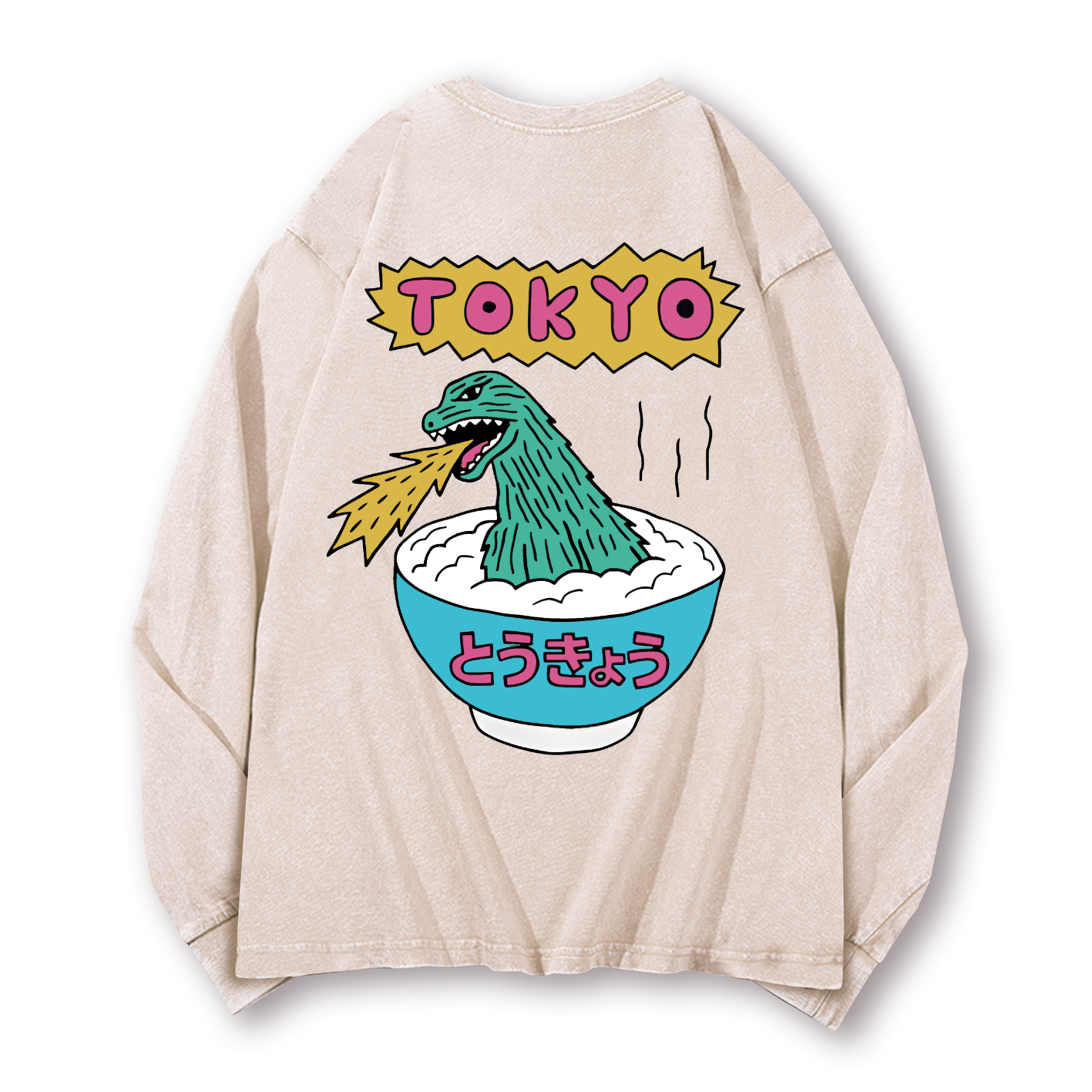 Kaiju The Monster Rice of Tokyo Vintage Washed Cotton Back Art Long-sleeve T-shirt