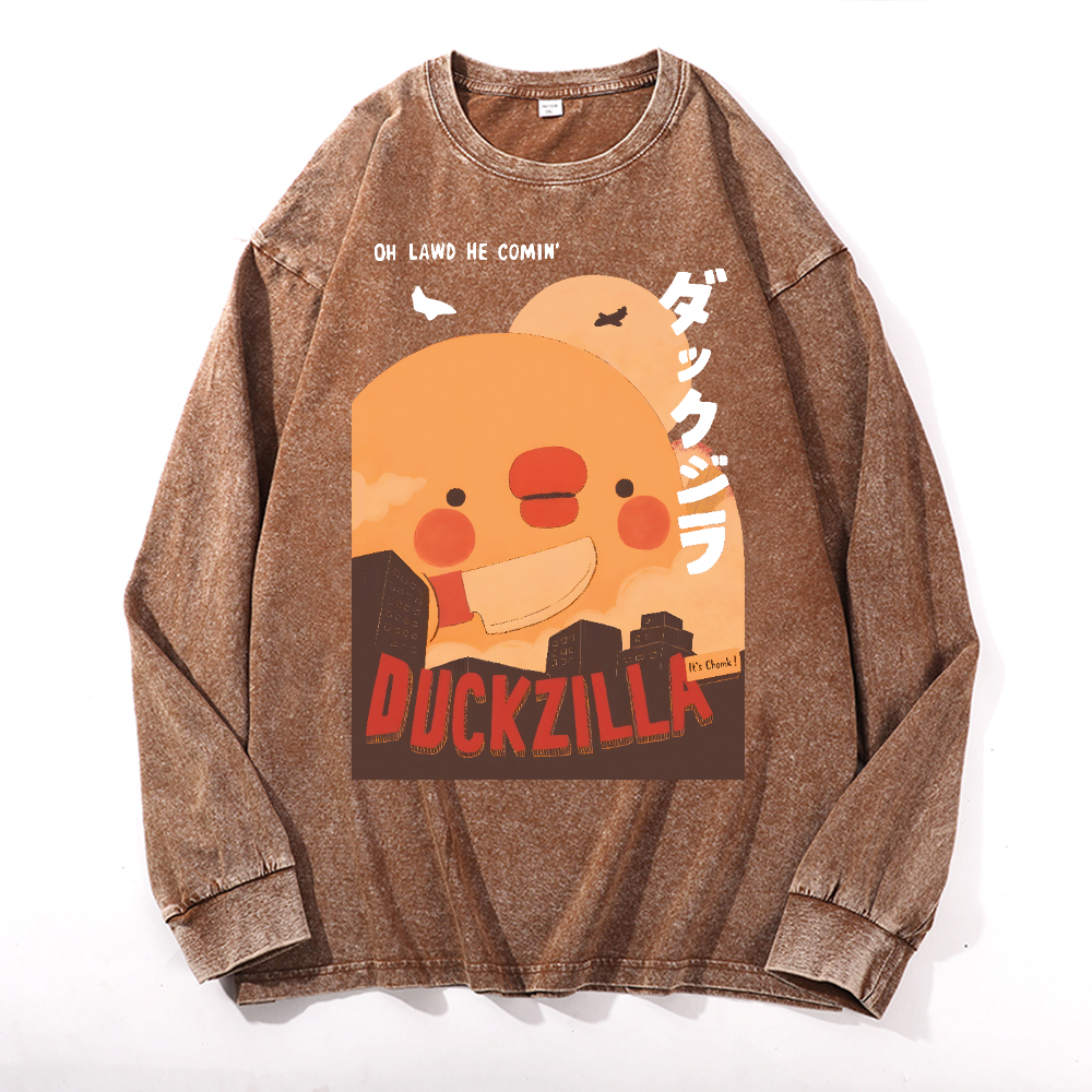 Duck Kaiju Vintage Cotton Wash Crewneck Long-Sleeve T-Shirt