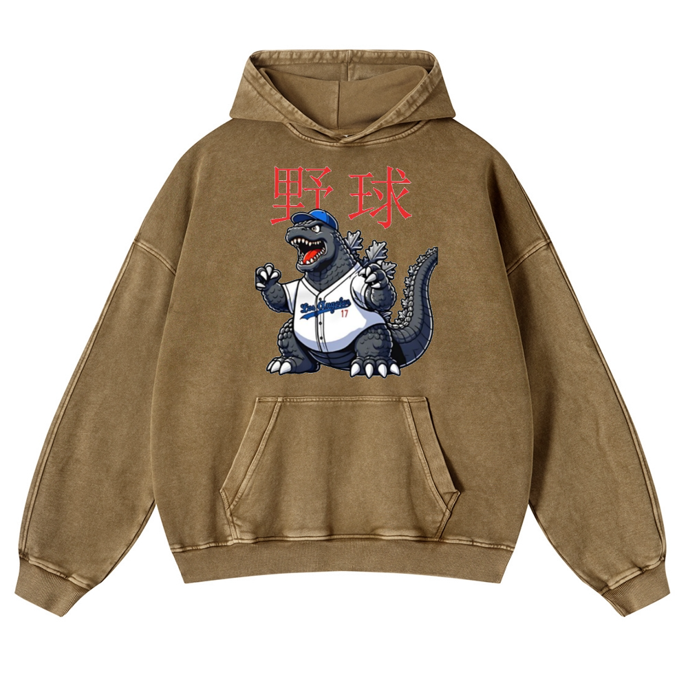 Kaiju Baseball Adventure Vintage Washed Thick Cotton Hoodie
