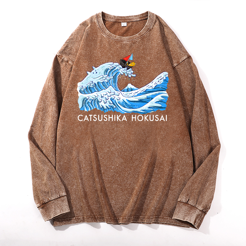 Cat Wave Vintage Cotton Wash Crewneck Long-Sleeve T-Shirt