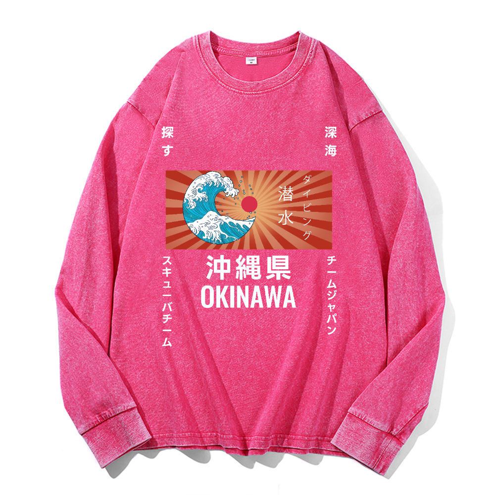 Okinawa Wave Vintage Cotton Wash Crewneck Long-Sleeve T-Shirt