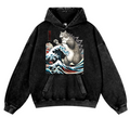 Cat Kaiju Catzilla Ukiyoe Great Wave Vintage Washed Thick Cotton Hoodie