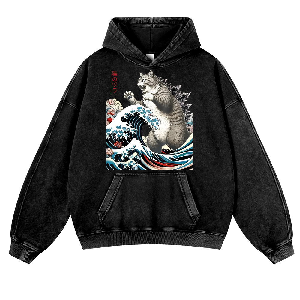 Cat Kaiju Catzilla Ukiyoe Great Wave Vintage Washed Thick Cotton Hoodie