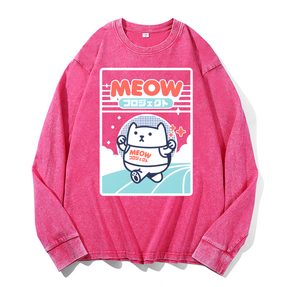 Meow Cat Vintage Cotton Wash Crewneck Long-Sleeve T-Shirt