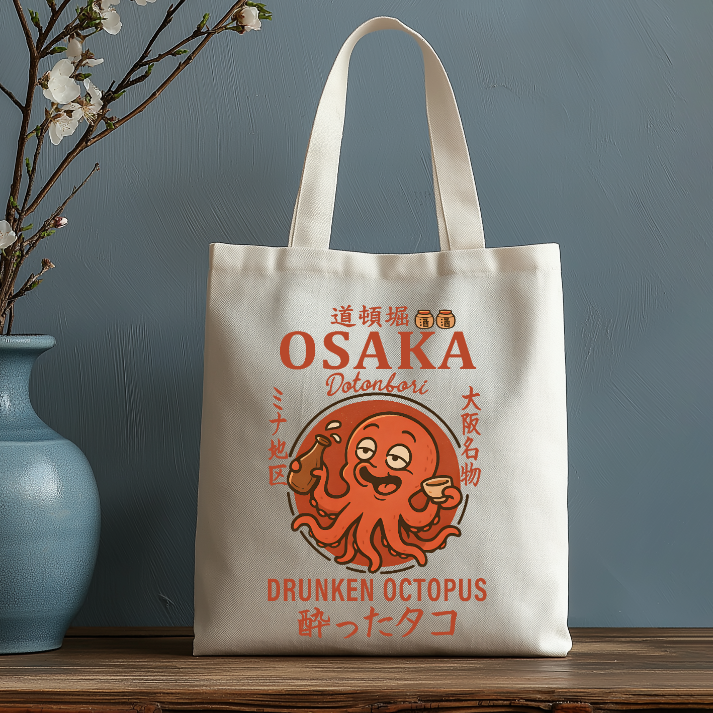 Osaka Dotonbori Drunken Octopus Japanese Style Canvas Tote Bag
