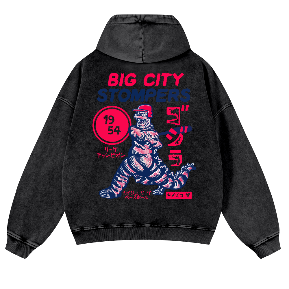 Baseball Kaiju Vintage Washed Cotton Back Art Hoodie
