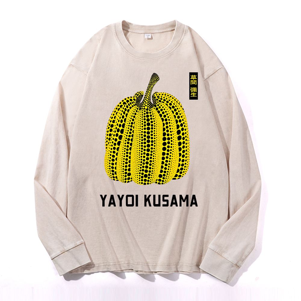 Yayoi Kusama Pumpkin Vintage Cotton Wash Crewneck Long-Sleeve T-Shirt