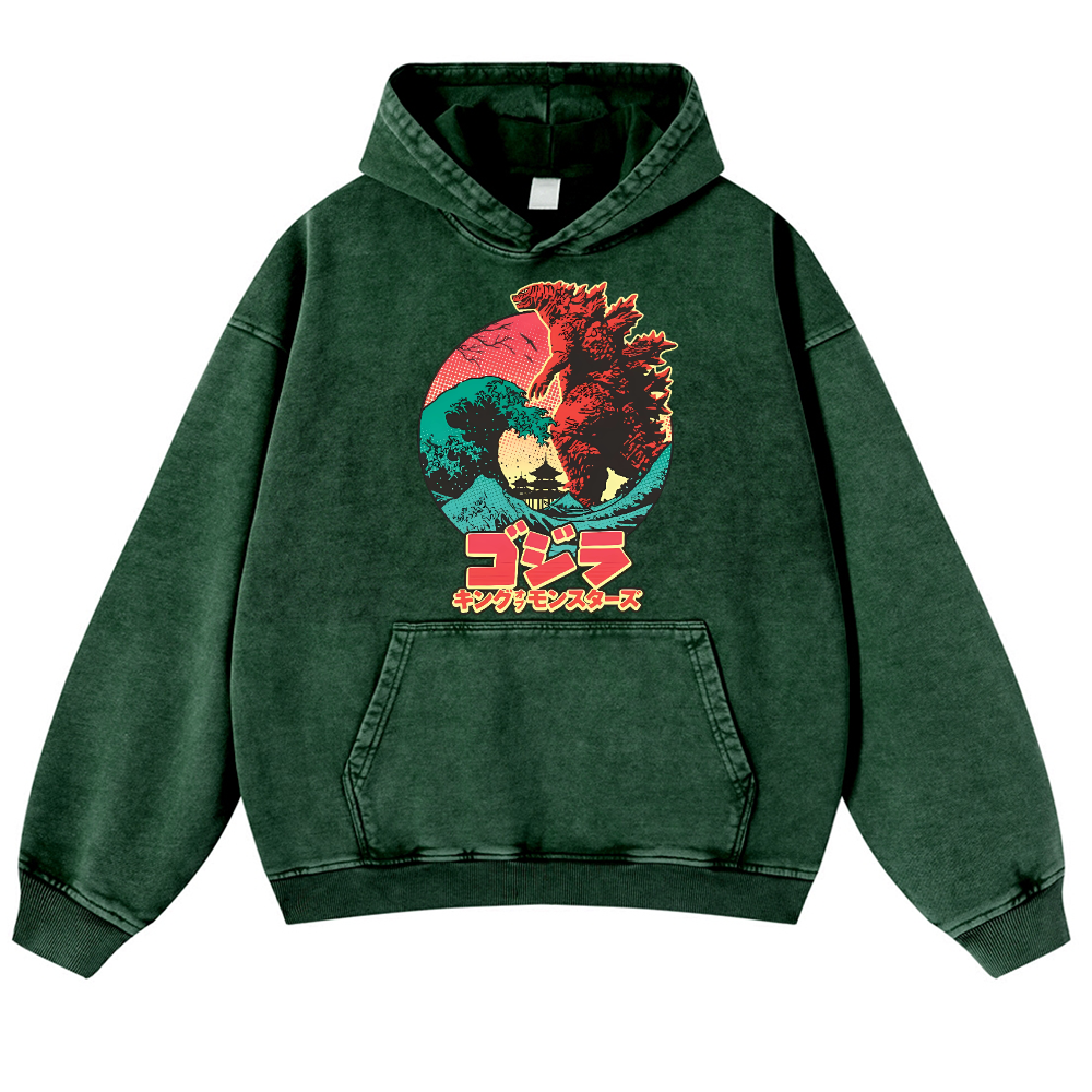 Kaiju Wave Vintage Washed Thick Cotton Hoodie