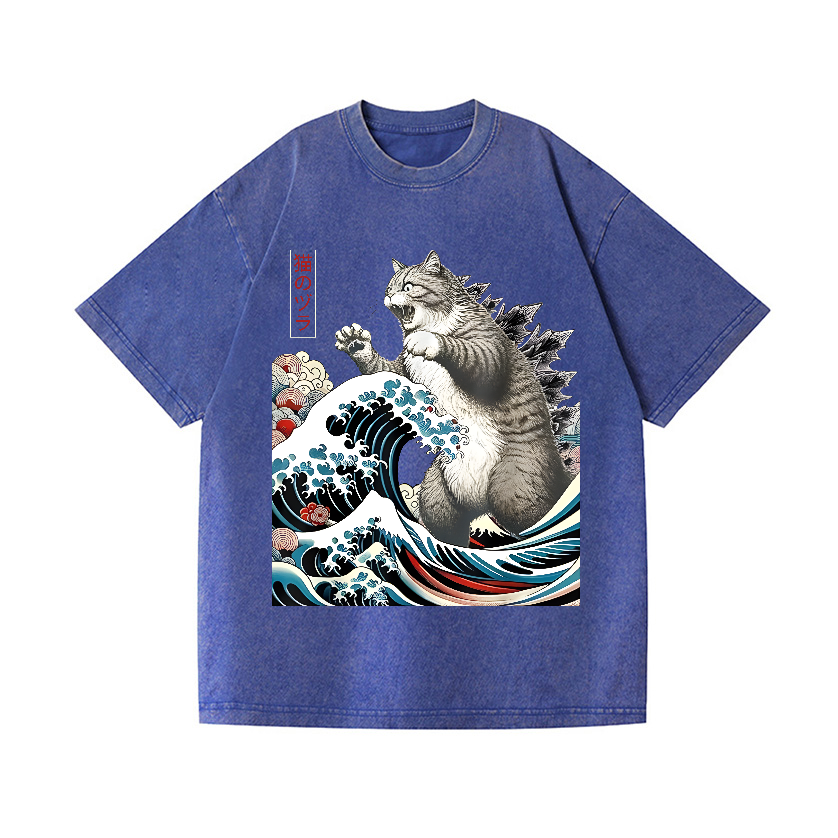 Cat Kaiju Ukiyoe Great Wave Vintage Wash Japanese Design T-Shirt