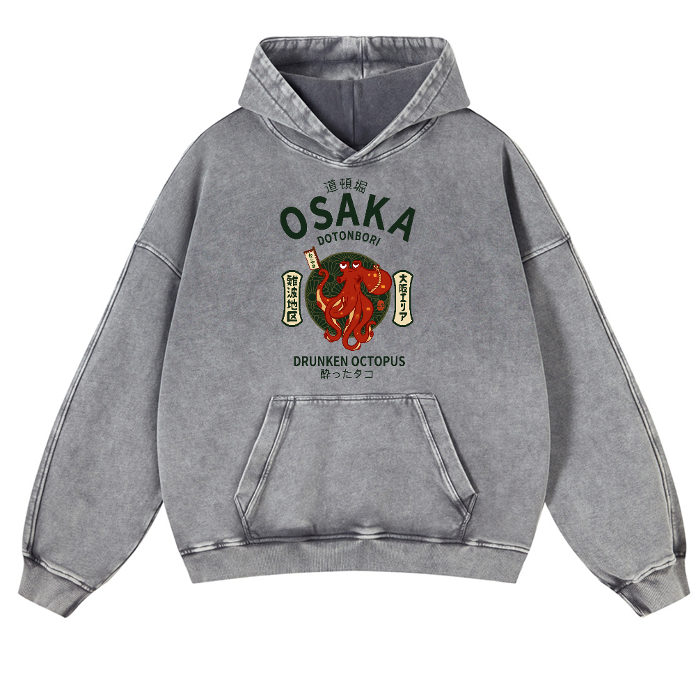 Osaka Dotonbori Drunken Octopus Vintage Washed Thick Cotton Hoodie