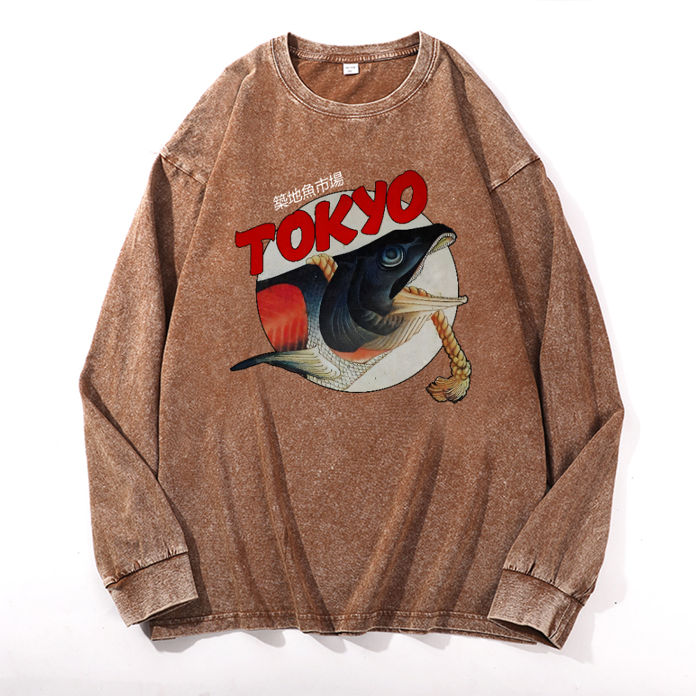 Tsukiji Market Vintage Cotton Wash Crewneck Long-Sleeve T-Shirt