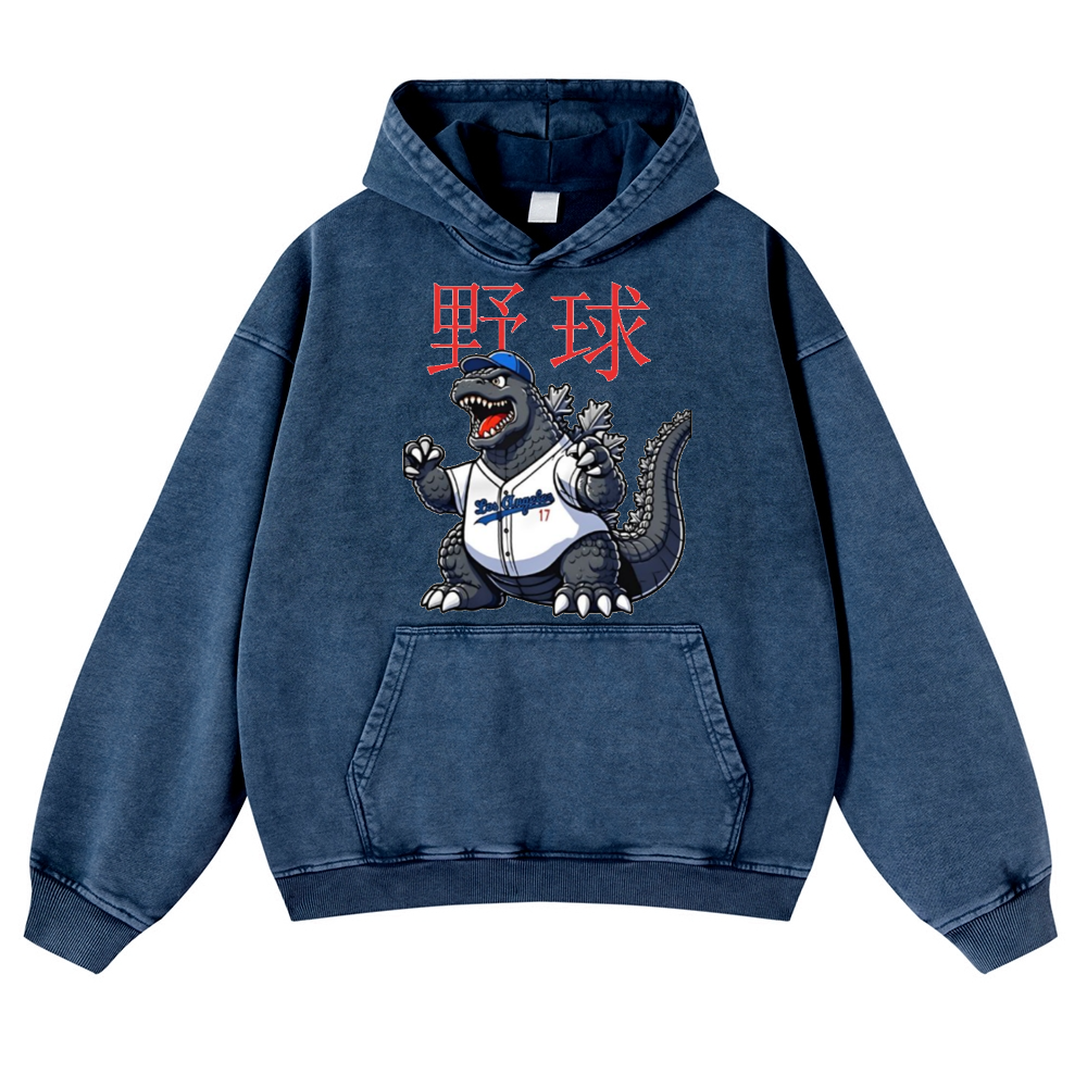 Kaiju Baseball Adventure Vintage Washed Thick Cotton Hoodie