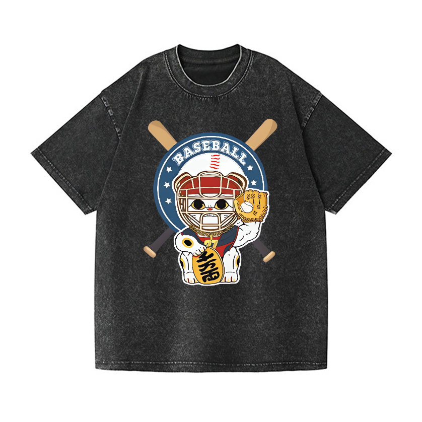 Baseball Maneki Neko Vintage Wash Japanese Design T-Shirt